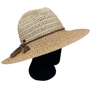 CC Exclusives Straw Panama Hat Wide Brim‎ Woven Tassel Trim Beach Sun Boho